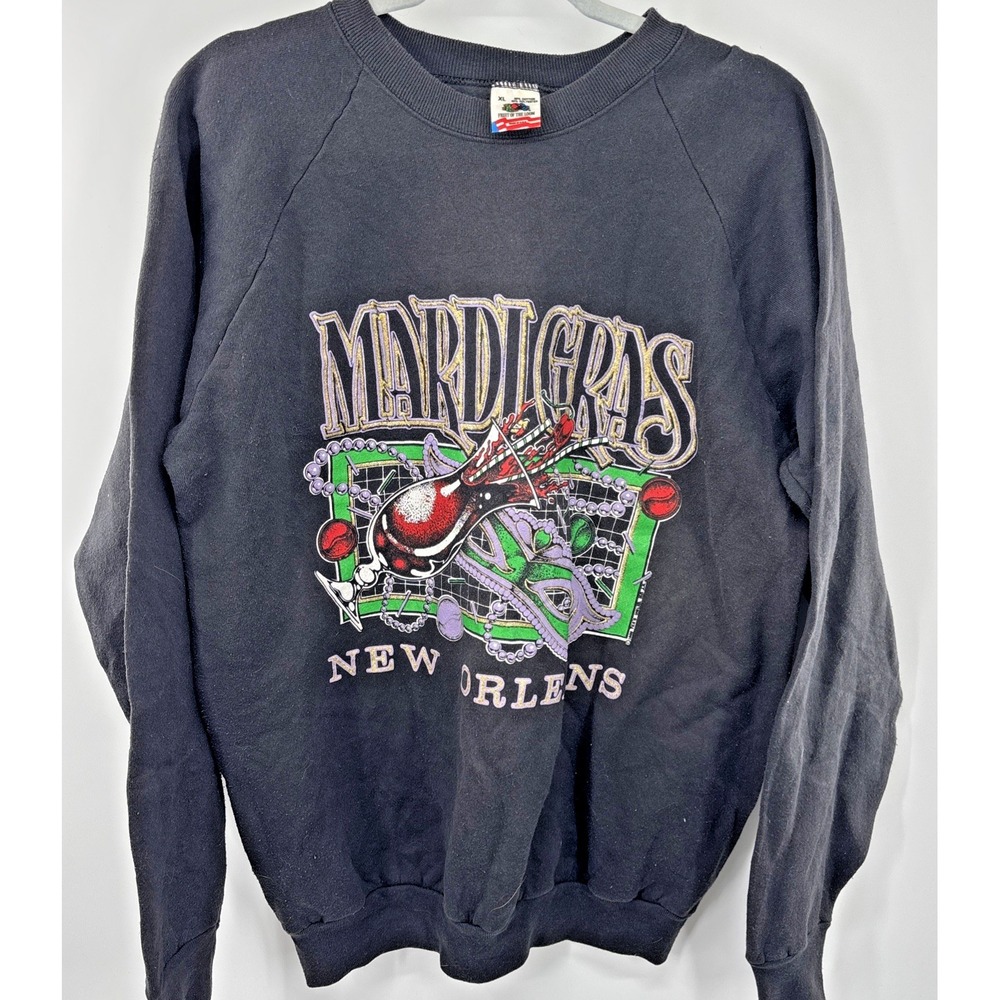 Vintage 90s Mardi Gras Sweatshirt Mens XL Black New Orleans Fleece Pullover Y2K